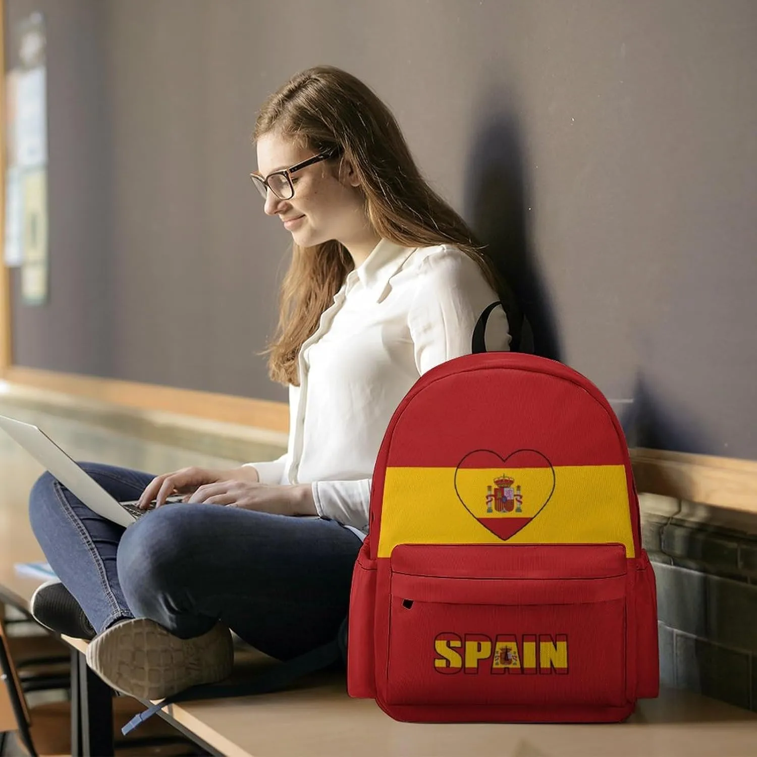 Spain Flag Spanish Heart Backpacks Large Capacity Rucksack Shoulder Bag Lightweight Laptop Bags Travel Hiking Camping for Men Women 2025
