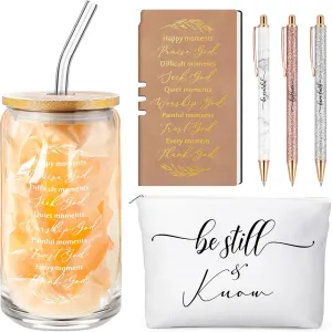 Spakon 6 Pcs Christian Graduation Gifts for Women Bible Verse A6 Leather Journal Notebook 16 oz Glass Cup Glitter Ballpoint Pen Makeup Bag Inspirational Teachers Day Gifts for Church(Brown)