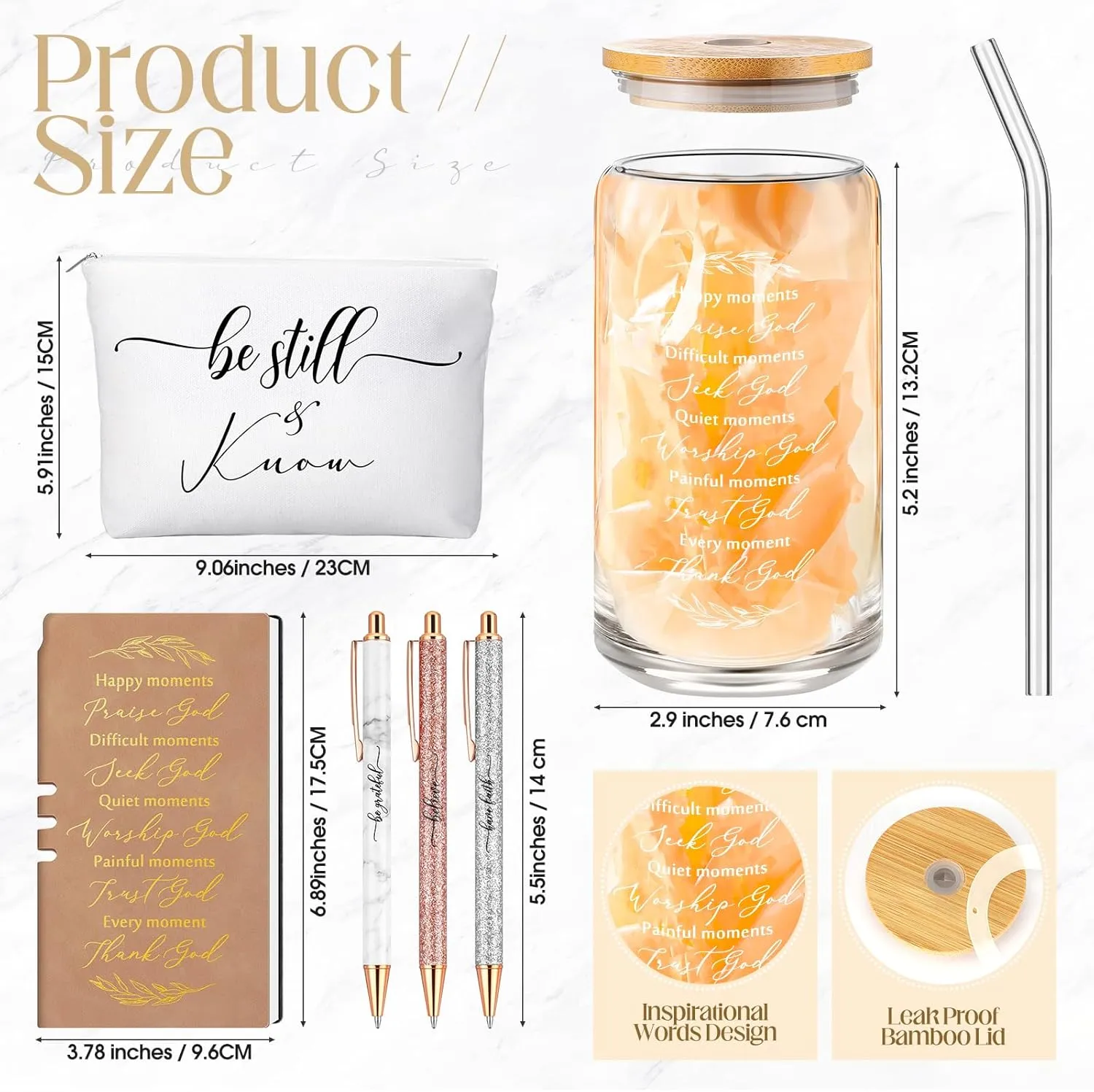 Spakon 6 Pcs Christian Graduation Gifts for Women Bible Verse A6 Leather Journal Notebook 16 oz Glass Cup Glitter Ballpoint Pen Makeup Bag Inspirational Teachers Day Gifts for Church(Brown)