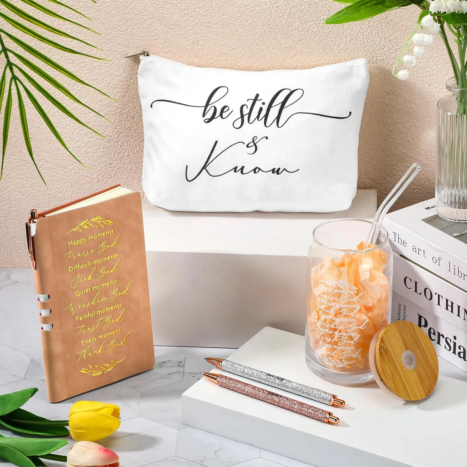 Spakon 6 Pcs Christian Graduation Gifts for Women Bible Verse A6 Leather Journal Notebook 16 oz Glass Cup Glitter Ballpoint Pen Makeup Bag Inspirational Teachers Day Gifts for Church(Brown)