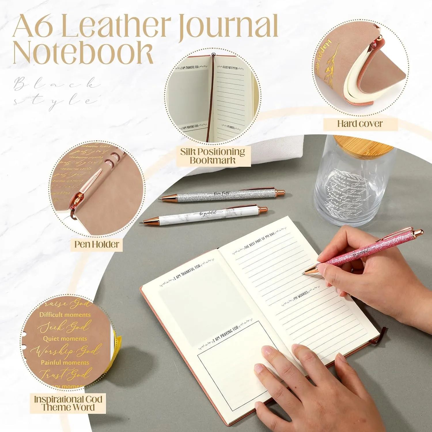 Spakon 6 Pcs Christian Graduation Gifts for Women Bible Verse A6 Leather Journal Notebook 16 oz Glass Cup Glitter Ballpoint Pen Makeup Bag Inspirational Teachers Day Gifts for Church(Brown)