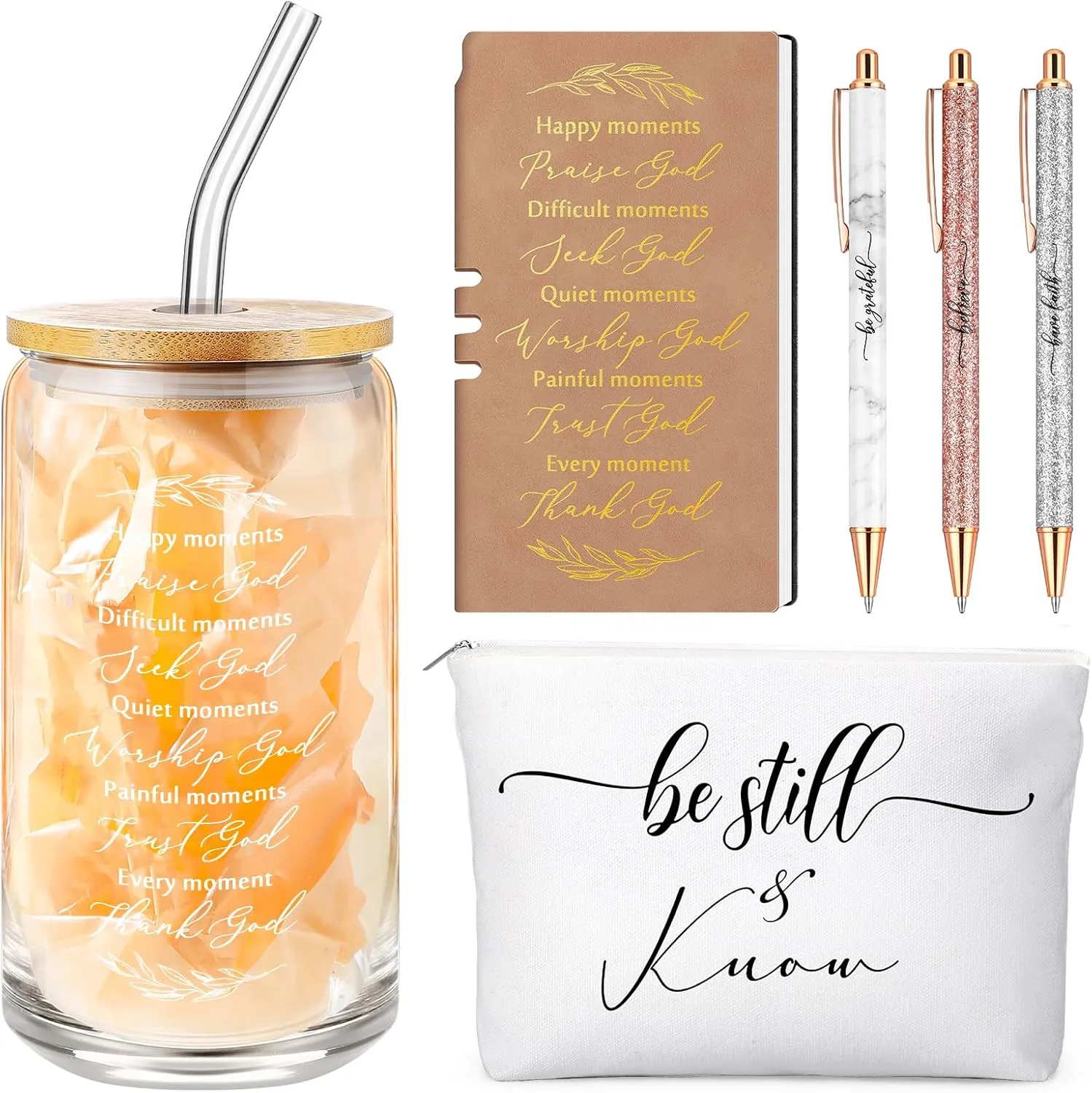Spakon 6 Pcs Christian Graduation Gifts for Women Bible Verse A6 Leather Journal Notebook 16 oz Glass Cup Glitter Ballpoint Pen Makeup Bag Inspirational Teachers Day Gifts for Church(Brown)