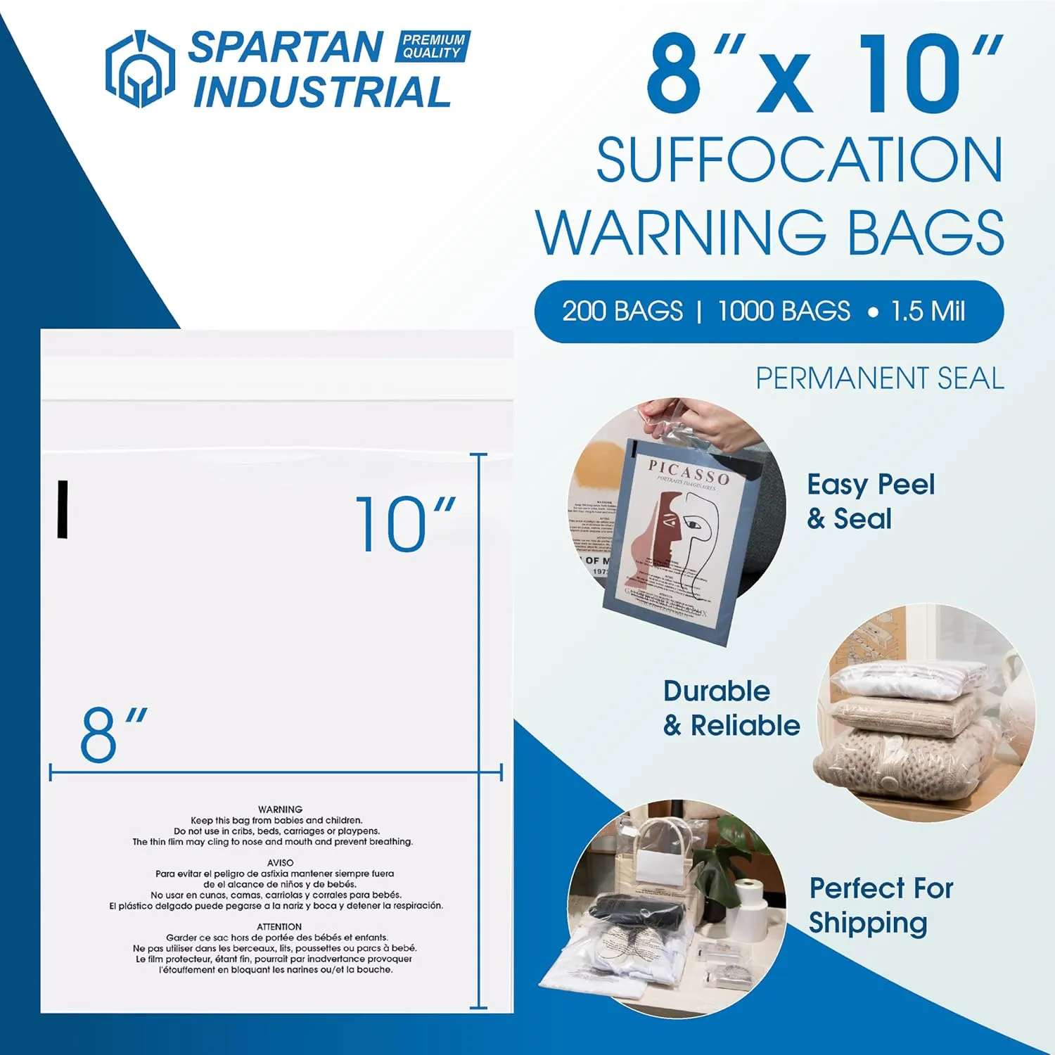 Spartan Industrial - 8” X 10” (200 Count) Self Seal Clear Poly Bags with Suffocation Warning for Packaging, Clothing, and Fulfillment - Permanent Adhesive