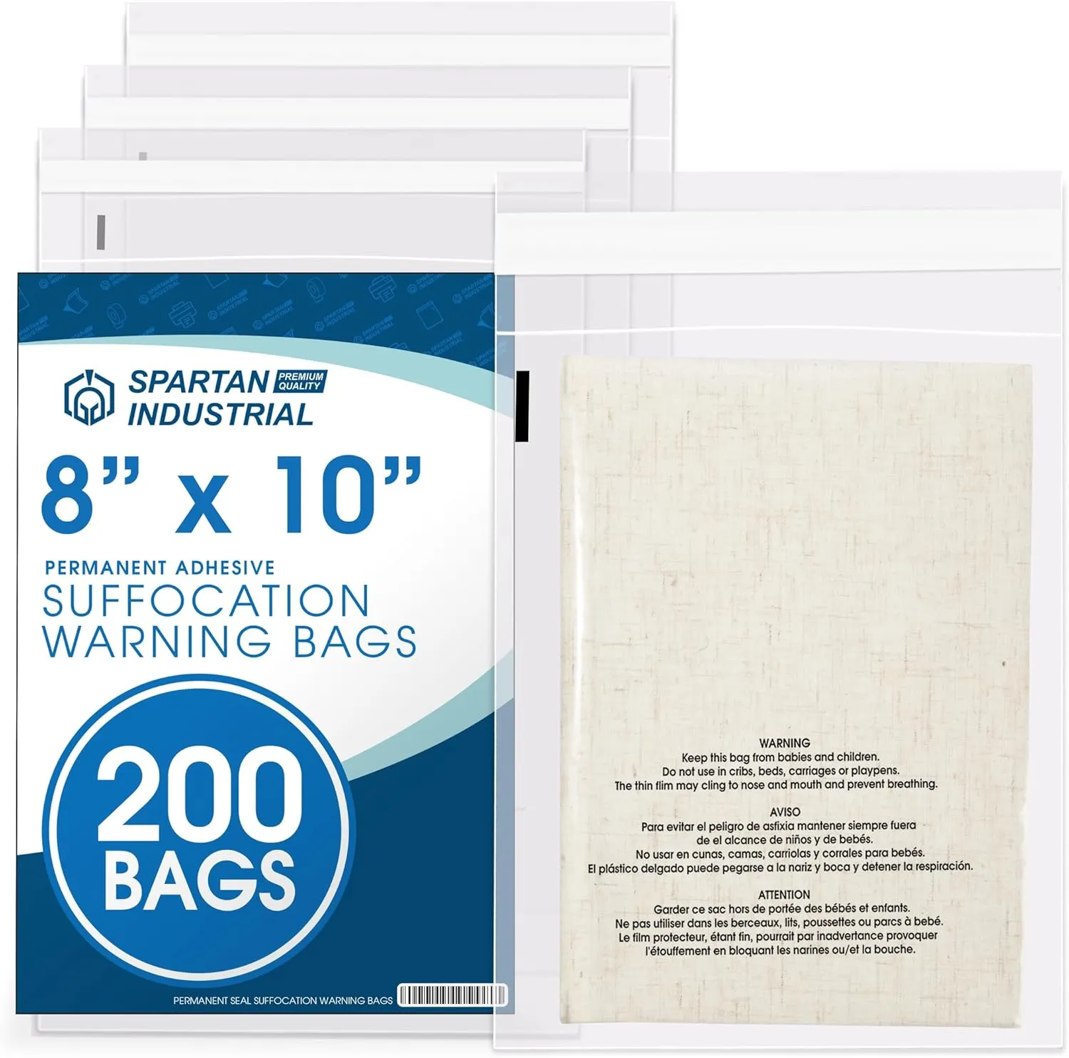Spartan Industrial - 8” X 10” (200 Count) Self Seal Clear Poly Bags with Suffocation Warning for Packaging, Clothing, and Fulfillment - Permanent Adhesive