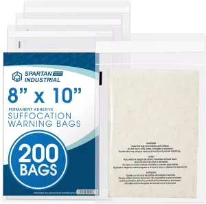Spartan Industrial - 8” X 10” (200 Count) Self Seal Clear Poly Bags with Suffocation Warning for Packaging, Clothing, and Fulfillment - Permanent Adhesive