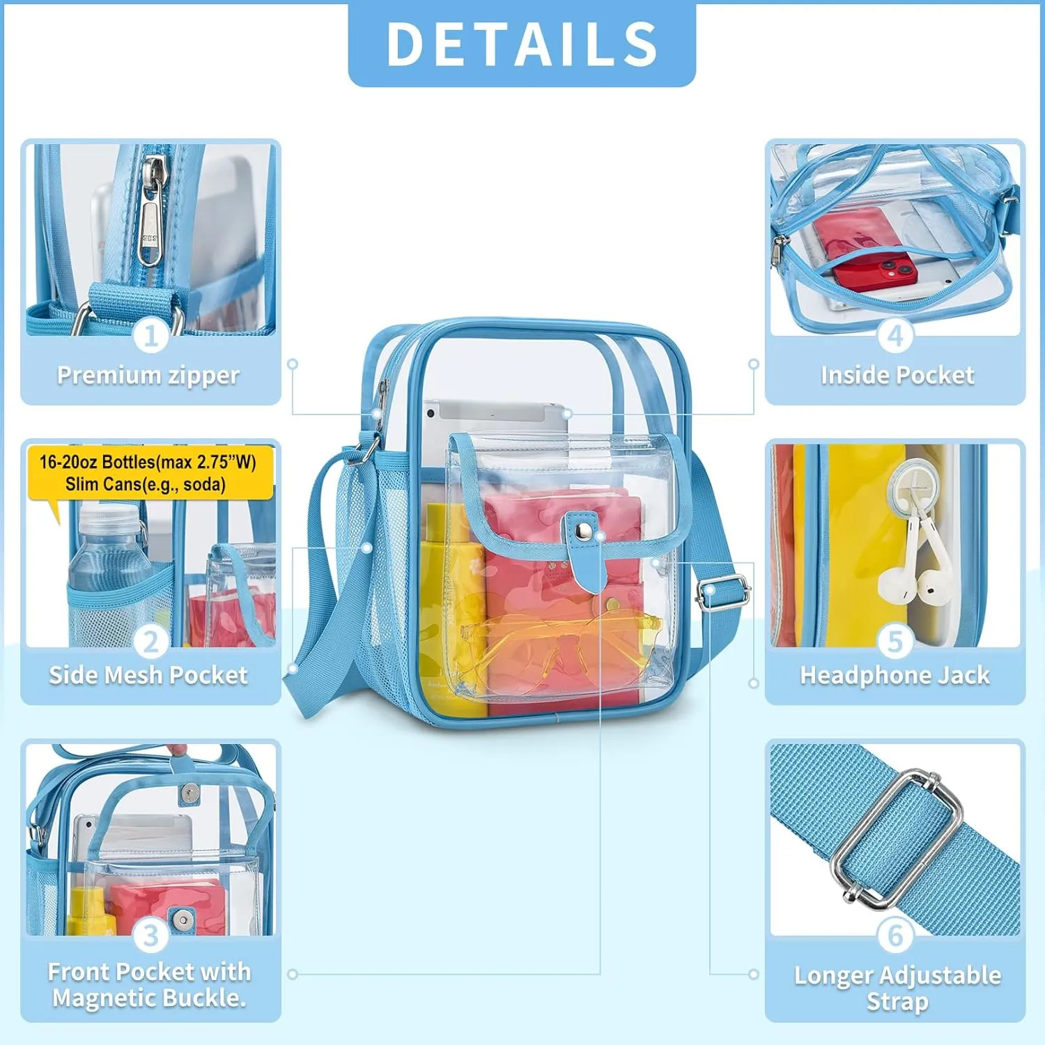 SPODEARS Clear Crossbody Bag for Stadium Events & Concerts - Adjustable Shoulder Strap Purse with 1 Bottle Holder