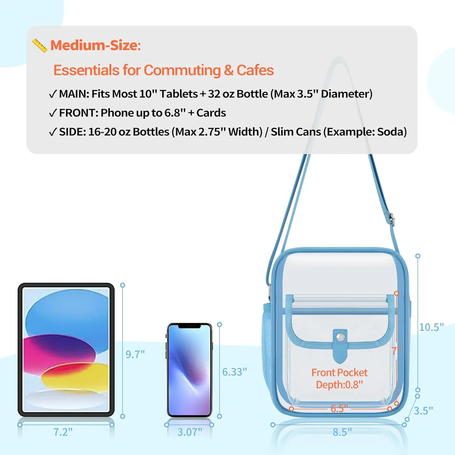 SPODEARS Clear Crossbody Bag for Stadium Events & Concerts - Adjustable Shoulder Strap Purse with 1 Bottle Holder