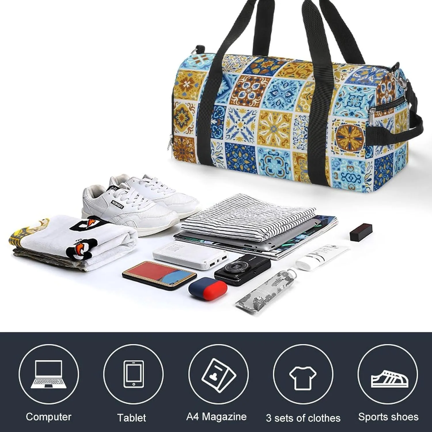 Sport Gym Duffel with Shoe Compartment Wet Pocket, Geometric-patchwork-collecti Shoulder Travel Bag for Women Men