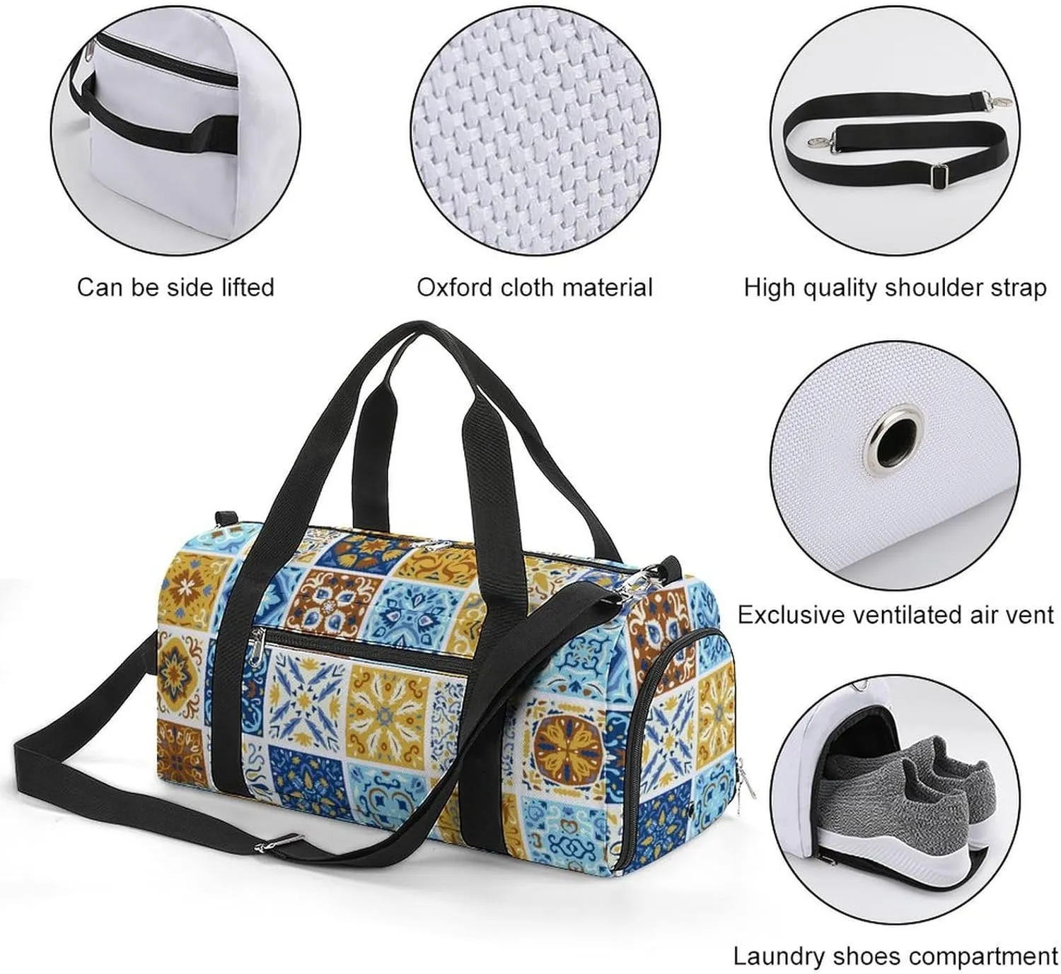 Sport Gym Duffel with Shoe Compartment Wet Pocket, Geometric-patchwork-collecti Shoulder Travel Bag for Women Men