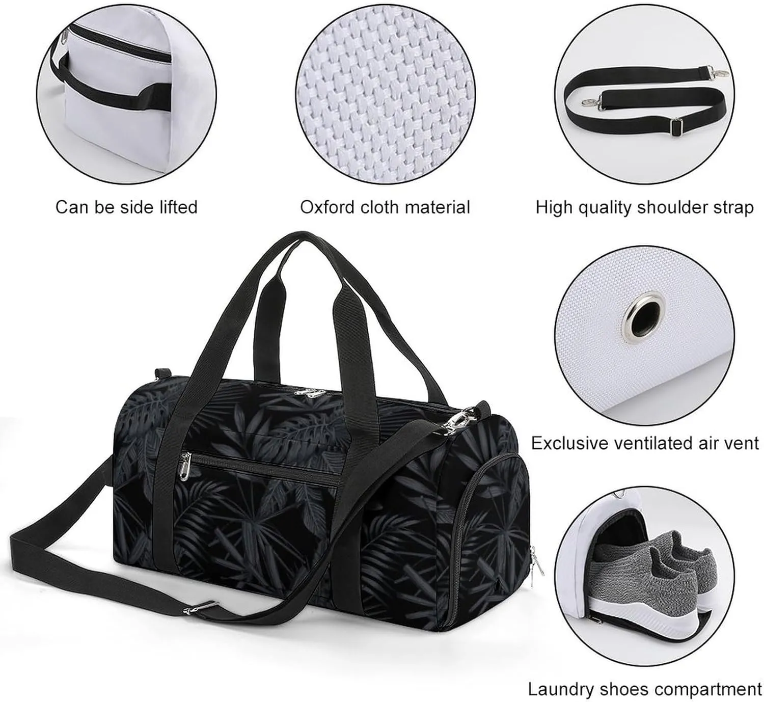 Sport Gym Duffel with Shoe Compartment Wet Pocket, Tropical-black-gray-style Shoulder Travel Bag for Women Men