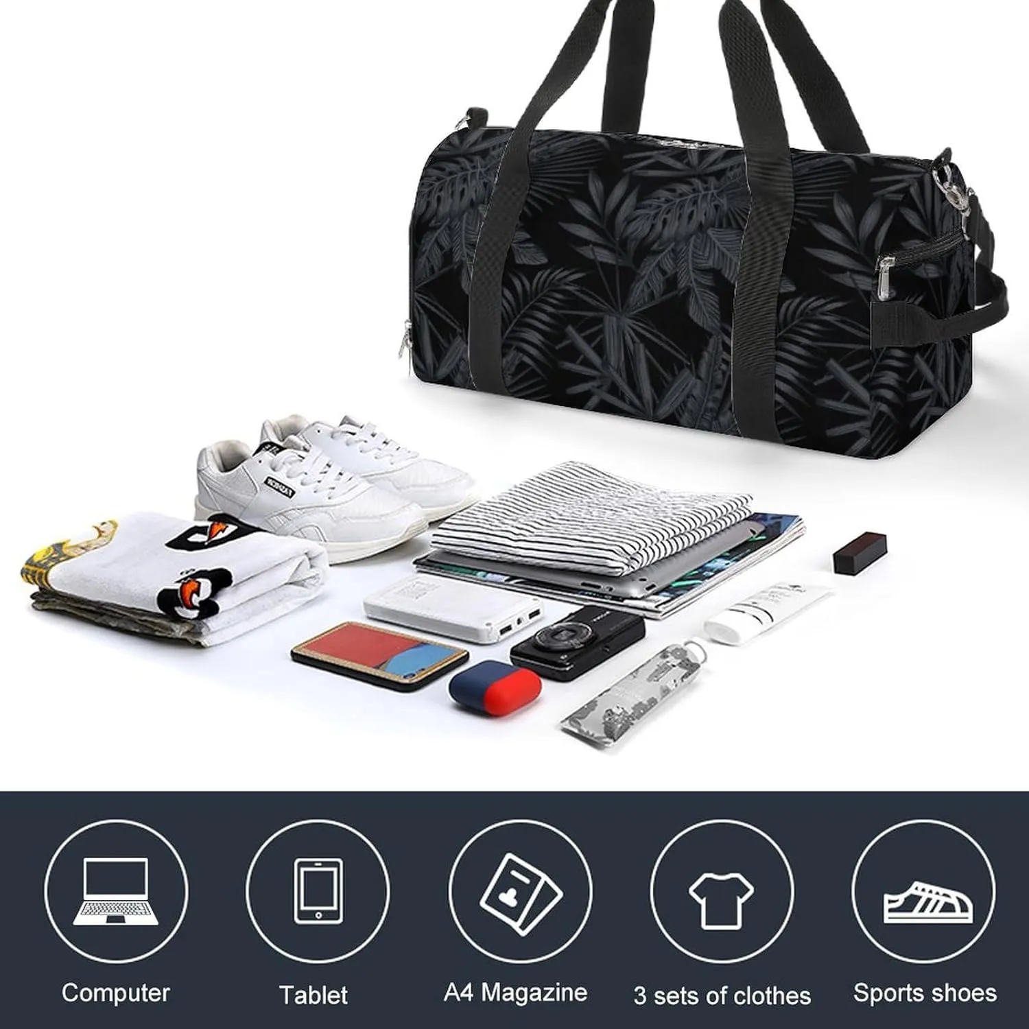 Sport Gym Duffel with Shoe Compartment Wet Pocket, Tropical-black-gray-style Shoulder Travel Bag for Women Men