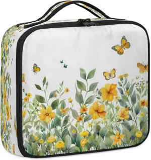 Spring Wild Flower Travel Makeup Train Case Cosmetic Bag Organizer Portable Watercolor Butterfly Storage Bag with Adjustable Dividers for Cosmetics Makeup Brushes Toiletry Jewelry