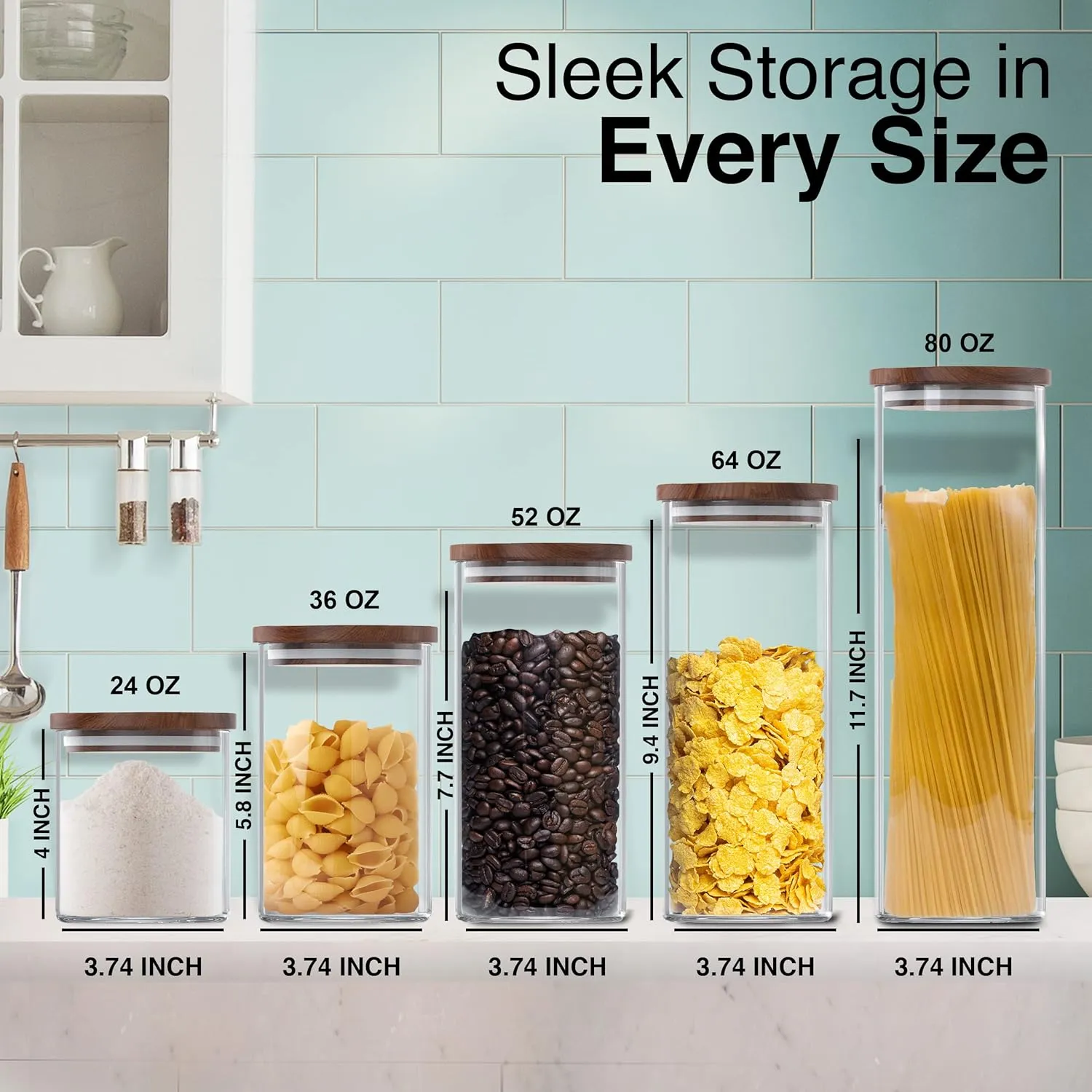 Square Glass Jars with Wood Lids Set of (4) 36 fl oz Airtight and Stackable Storage Containers for Kitchen Pantry or Bathroom BPA Free and Recyclable Canister for Food Cookies Coffee Pasta Sugar