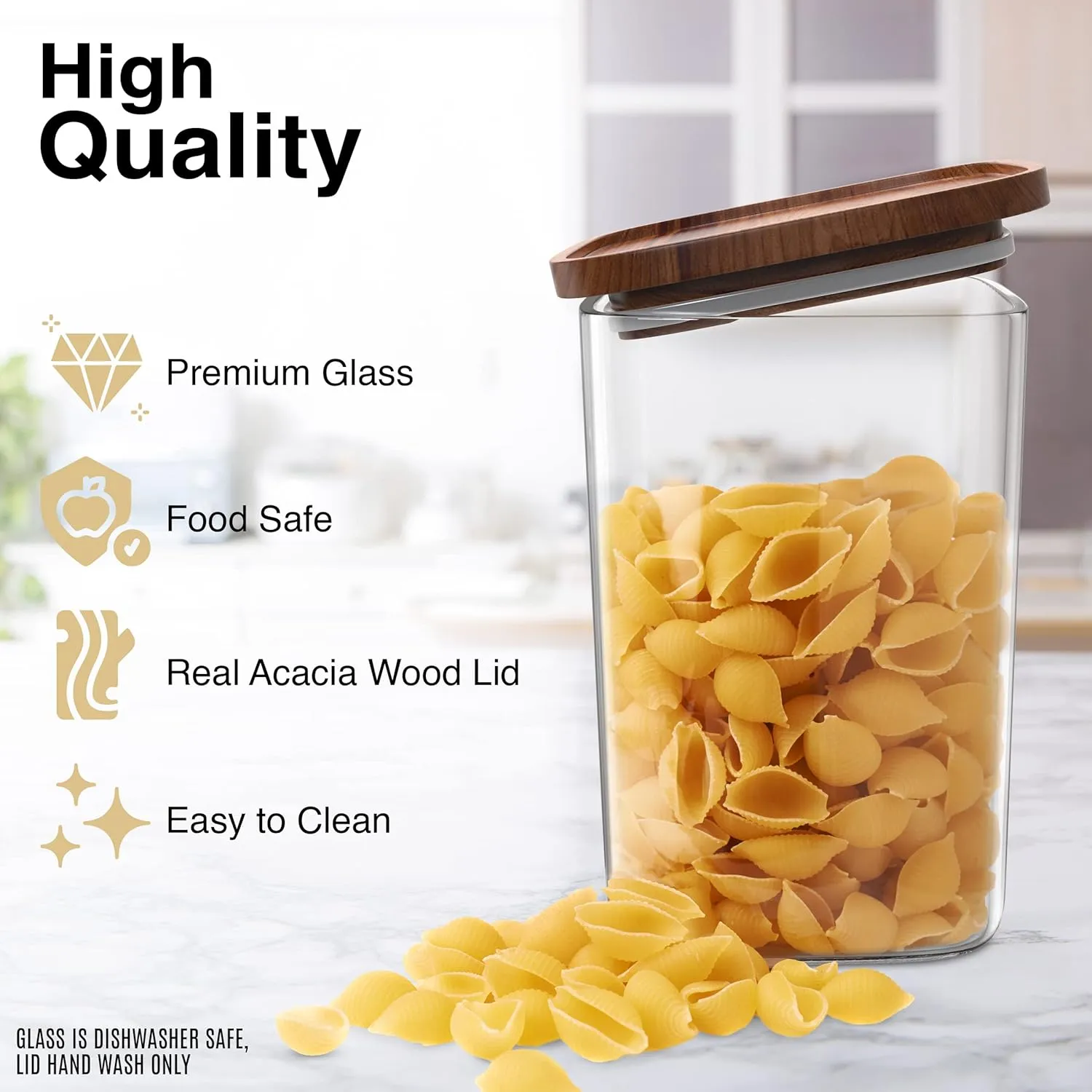 Square Glass Jars with Wood Lids Set of (4) 36 fl oz Airtight and Stackable Storage Containers for Kitchen Pantry or Bathroom BPA Free and Recyclable Canister for Food Cookies Coffee Pasta Sugar