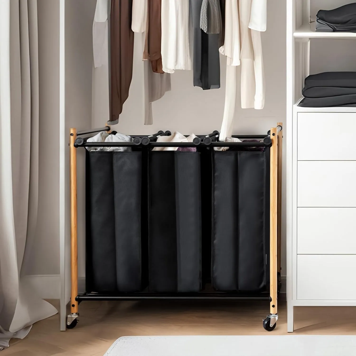 STORAGE MANIAC 3 Section Laundry Sorter, 3 Bag Laundry Hamper Cart with Heavy Duty Rolling Lockable Wheels and Removable Bags, Laundry Organizer Basket Clothes Separator Hamper, Bamboo