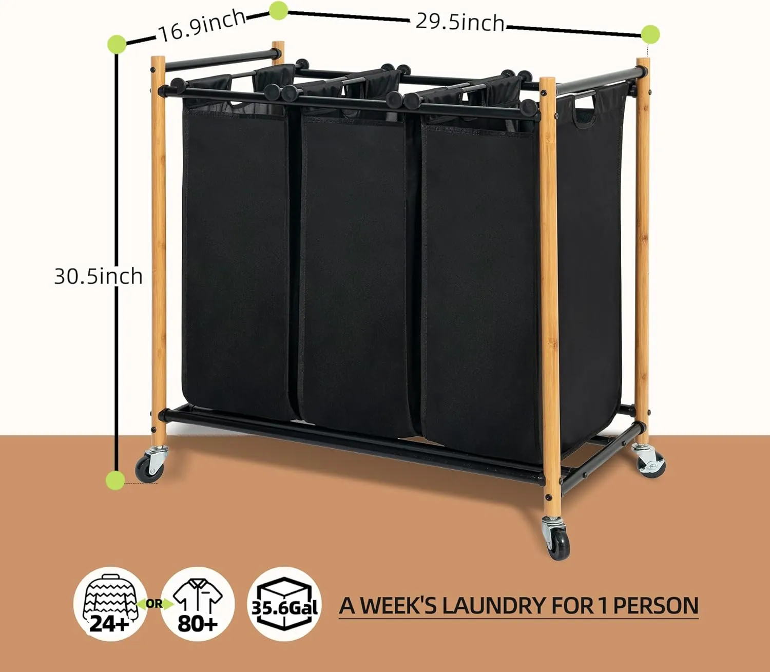 STORAGE MANIAC 3 Section Laundry Sorter, 3 Bag Laundry Hamper Cart with Heavy Duty Rolling Lockable Wheels and Removable Bags, Laundry Organizer Basket Clothes Separator Hamper, Bamboo