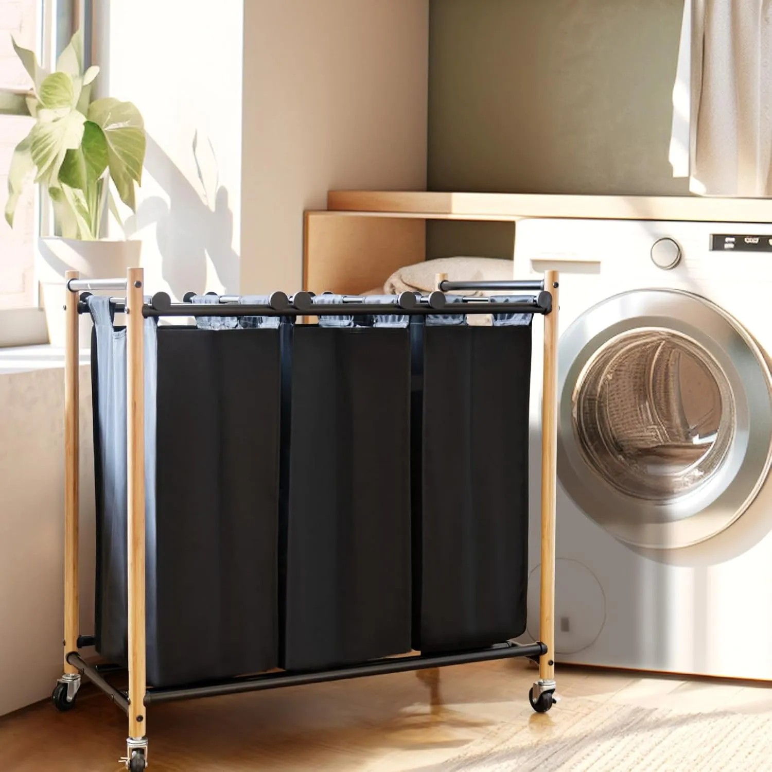 STORAGE MANIAC 3 Section Laundry Sorter, 3 Bag Laundry Hamper Cart with Heavy Duty Rolling Lockable Wheels and Removable Bags, Laundry Organizer Basket Clothes Separator Hamper, Bamboo