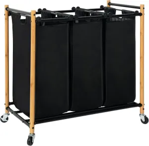 STORAGE MANIAC 3 Section Laundry Sorter, 3 Bag Laundry Hamper Cart with Heavy Duty Rolling Lockable Wheels and Removable Bags, Laundry Organizer Basket Clothes Separator Hamper, Bamboo