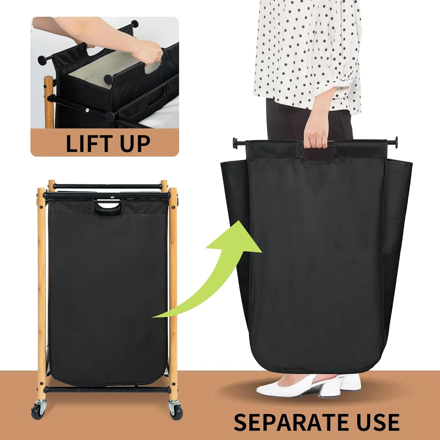 STORAGE MANIAC 3 Section Laundry Sorter, 3 Bag Laundry Hamper Cart with Heavy Duty Rolling Lockable Wheels and Removable Bags, Laundry Organizer Basket Clothes Separator Hamper, Bamboo