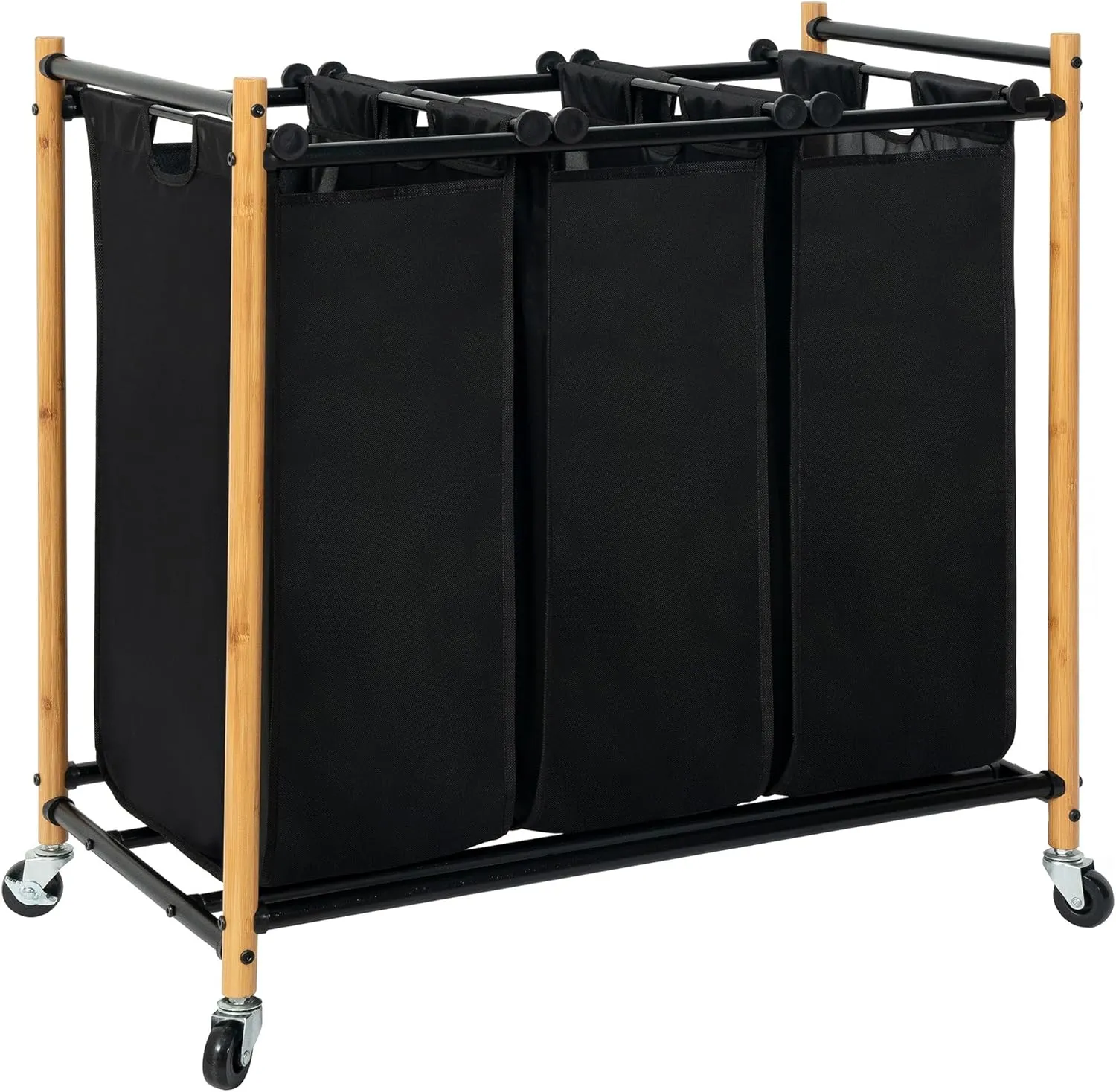 STORAGE MANIAC 3 Section Laundry Sorter, 3 Bag Laundry Hamper Cart with Heavy Duty Rolling Lockable Wheels and Removable Bags, Laundry Organizer Basket Clothes Separator Hamper, Bamboo