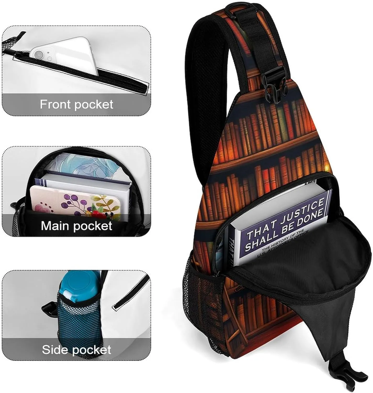 Supdreamc Ultra Lightweight Sling Backpack Crossbody Chest Rucksack Anti-Theft Multipurpose Bag for Hiking Cycling Walking Dog Bicycle Travel, Library Bookshelf Vintage