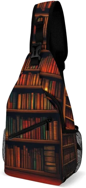 Supdreamc Ultra Lightweight Sling Backpack Crossbody Chest Rucksack Anti-Theft Multipurpose Bag for Hiking Cycling Walking Dog Bicycle Travel, Library Bookshelf Vintage