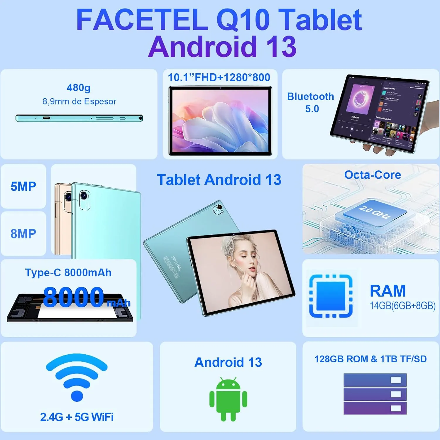 Tablet 10 inch Android 13 Octa-Core 2.0 GHz, 2 in 1 tablet 14GB RAM 128GB ROM TF 1TB, 5 8MP Camera, 8000mAh Battery, 5G WiFi, Bluetooth 5.0, HD IPS Screen Tablet with Keyboard and Mouse, Green