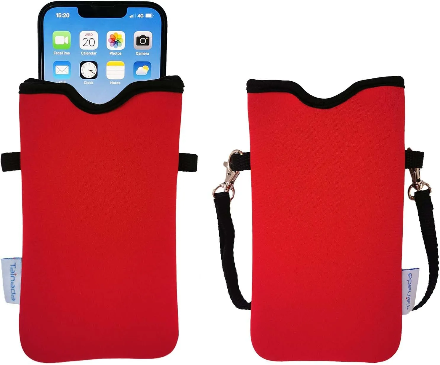Tainada Men Women Neoprene Phone Sleeve Pouch Case Bag w/Crossbody Strap/Neck Lanyard for iPhone 16/15 Pro Max, 16/15 Plus,16e; Samsung S25 , S24, A56; Original Design/Made in Taiwan (Red)