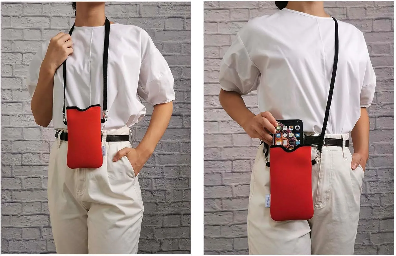 Tainada Men Women Neoprene Phone Sleeve Pouch Case Bag w/Crossbody Strap/Neck Lanyard for iPhone 16/15 Pro Max, 16/15 Plus,16e; Samsung S25 , S24, A56; Original Design/Made in Taiwan (Red)