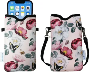 Tainada Women Neoprene Phone Sleeve Pouch Case Bag with Crossbody Strap/Neck Lanyard for iPhone 16/15 Pro Max, 16/15 Plus, 16e, Samsung S25 , S24, A35, A56, Google Pixel 9/8 (Pink Floral)