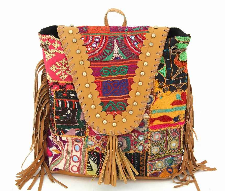 Tan Leather and Vintage Fabric Backpack w/Fringe