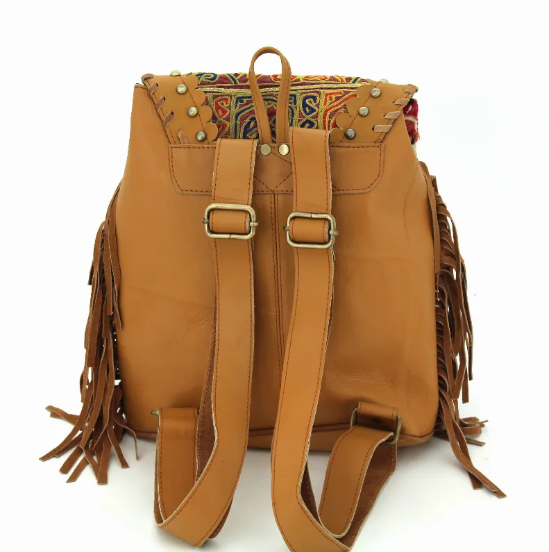 Tan Leather and Vintage Fabric Backpack w/Fringe