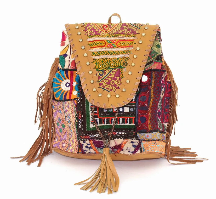 Tan Leather and Vintage Fabric Backpack w/Fringe