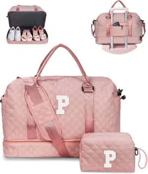 Teen Girl Gifts-Initial Duffle Bag with Shoe Compartment, Personalized Weekender Bag, Monogram Overnight Bag, Letter Travel Bag with Makeup Bag，Daughter Friend Gifts Kids Gift (Letter P)