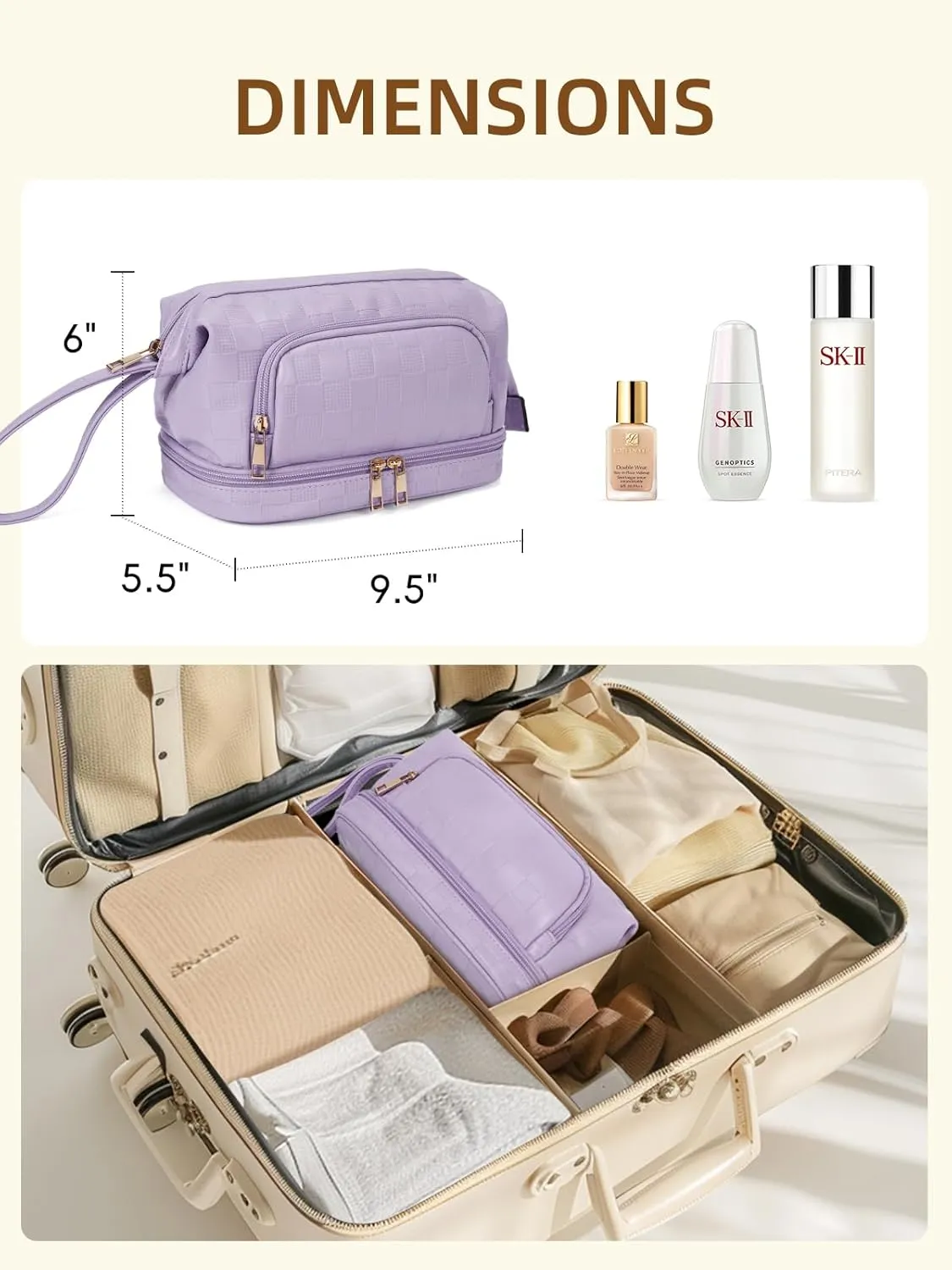 Telena Makeup Bag Large Capacity Travel Cosmetic Bags Double Layer Portable Leather Make Up Bag for Women (Purple)