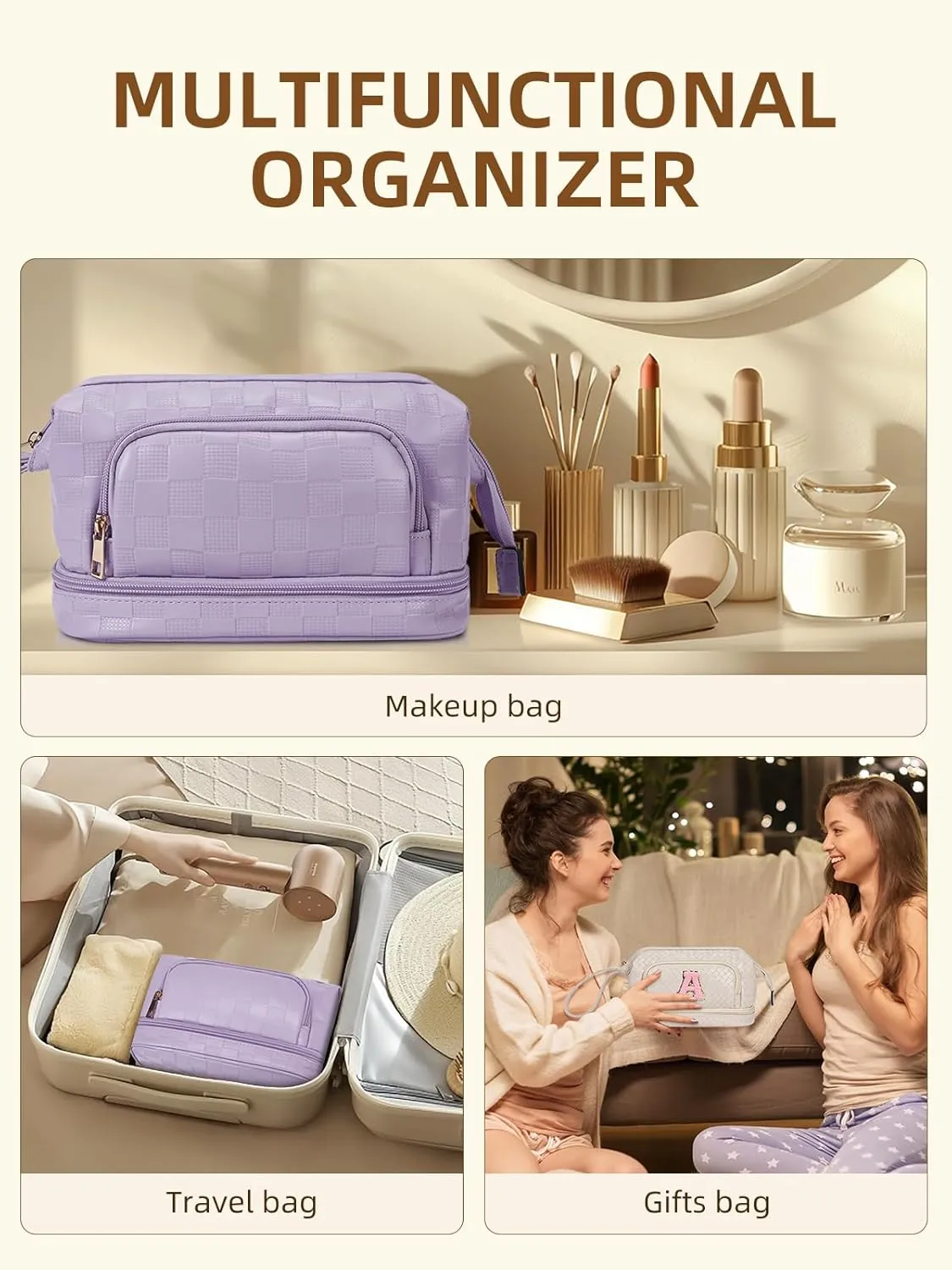 Telena Makeup Bag Large Capacity Travel Cosmetic Bags Double Layer Portable Leather Make Up Bag for Women (Purple)