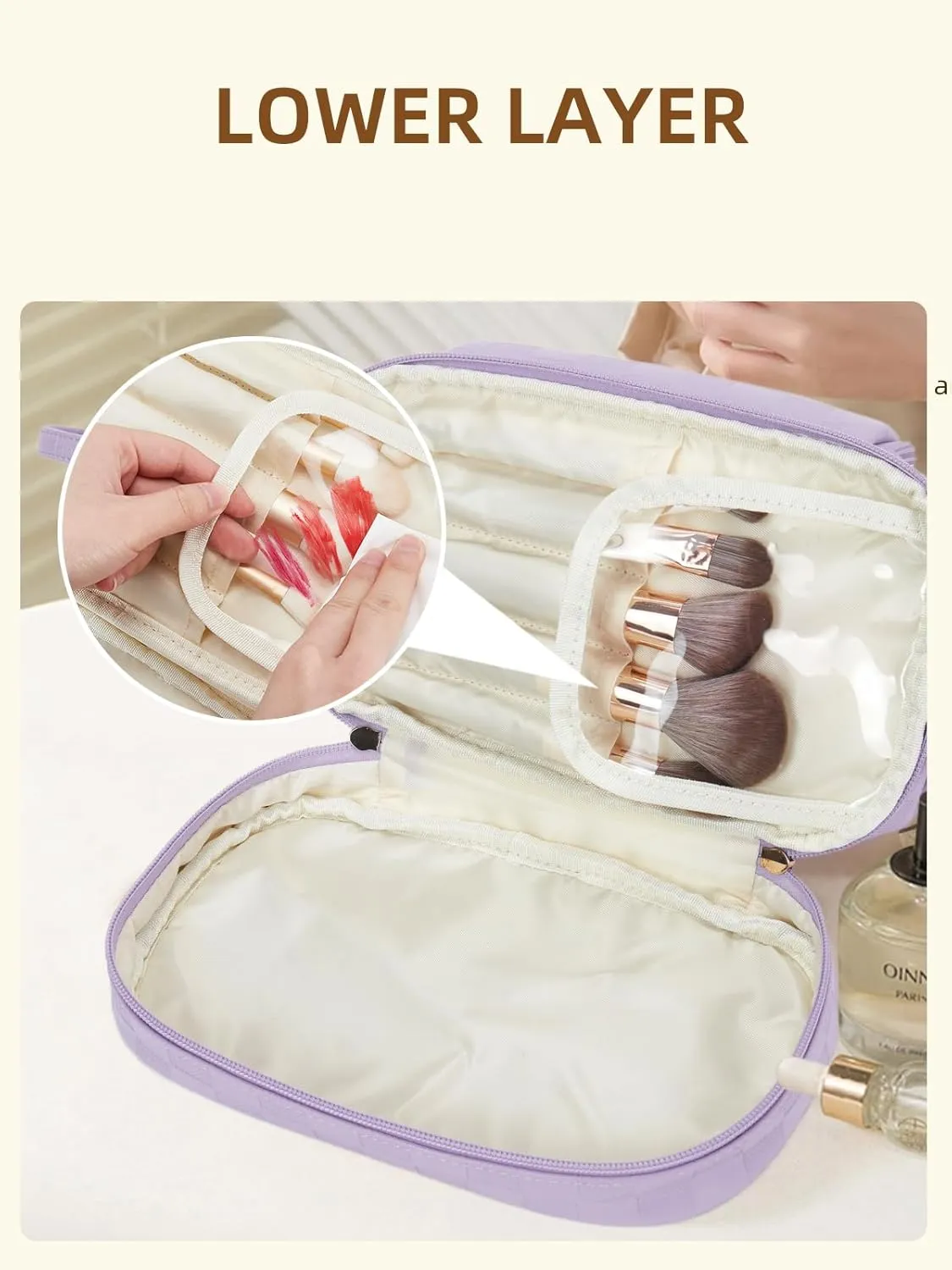 Telena Makeup Bag Large Capacity Travel Cosmetic Bags Double Layer Portable Leather Make Up Bag for Women (Purple)