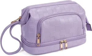 Telena Makeup Bag Large Capacity Travel Cosmetic Bags Double Layer Portable Leather Make Up Bag for Women (Purple)