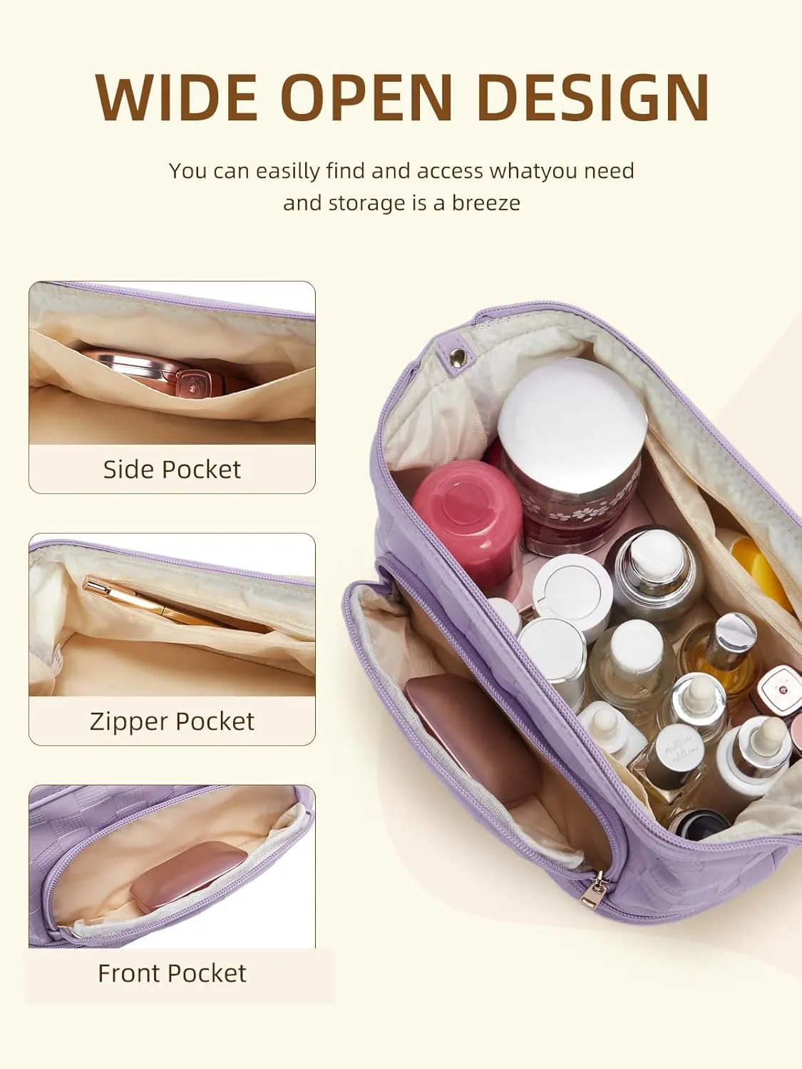 Telena Makeup Bag Large Capacity Travel Cosmetic Bags Double Layer Portable Leather Make Up Bag for Women (Purple)
