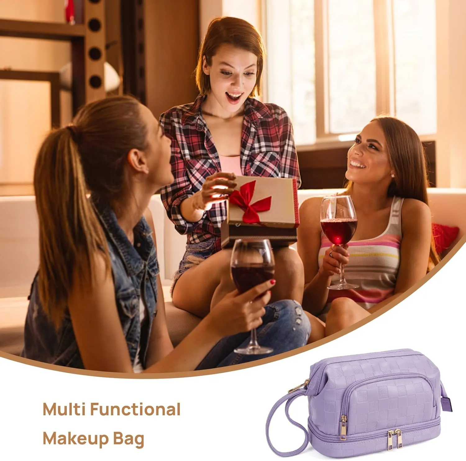 Telena Makeup Bag Large Capacity Travel Cosmetic Bags Double Layer Portable Leather Make Up Bag for Women (Purple)