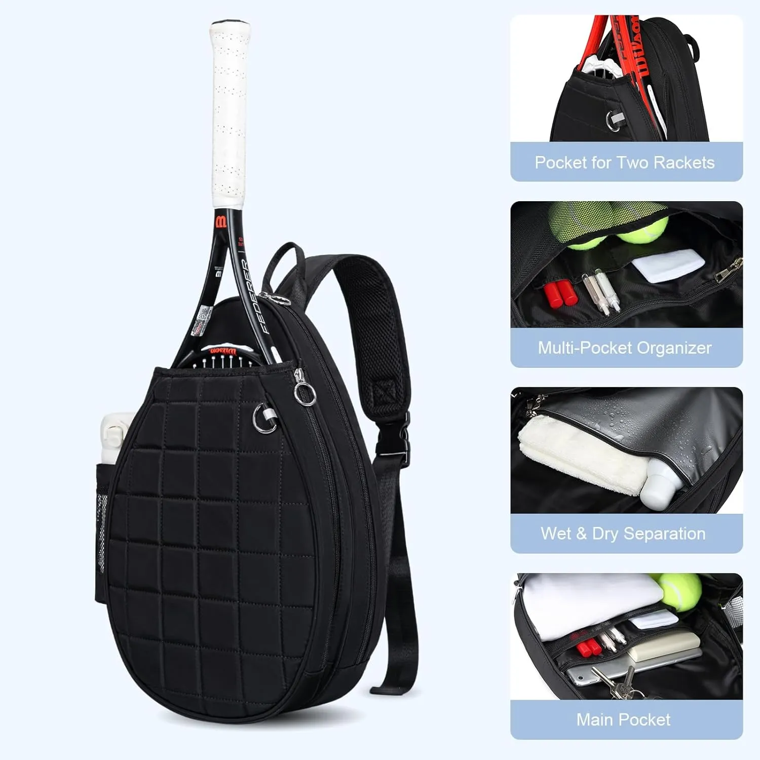 Tennis Bag, Quilted Tennis Backpack Holds 2 Rackets, Waterproof Crossbody Sling Pickleball Bags for Women, Men and Youth