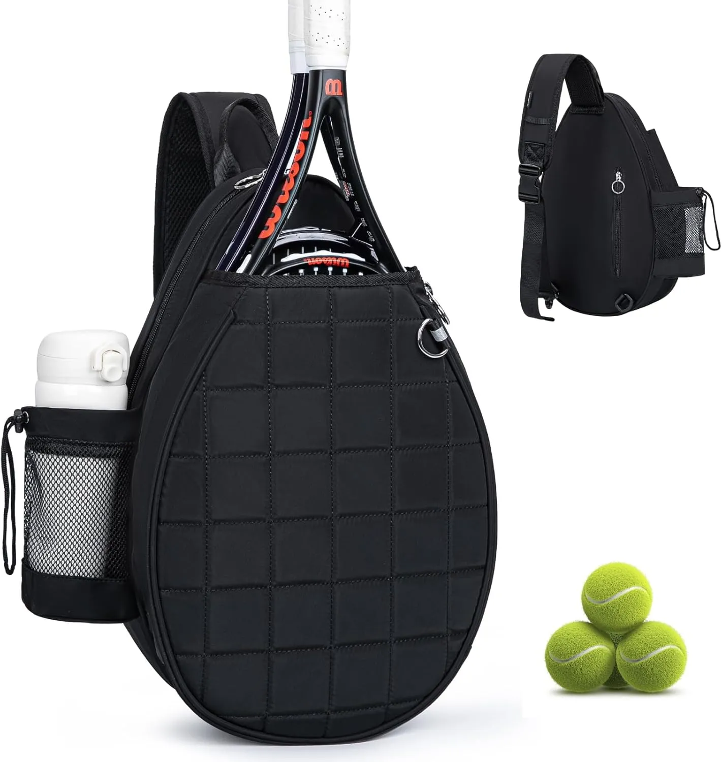 Tennis Bag, Quilted Tennis Backpack Holds 2 Rackets, Waterproof Crossbody Sling Pickleball Bags for Women, Men and Youth