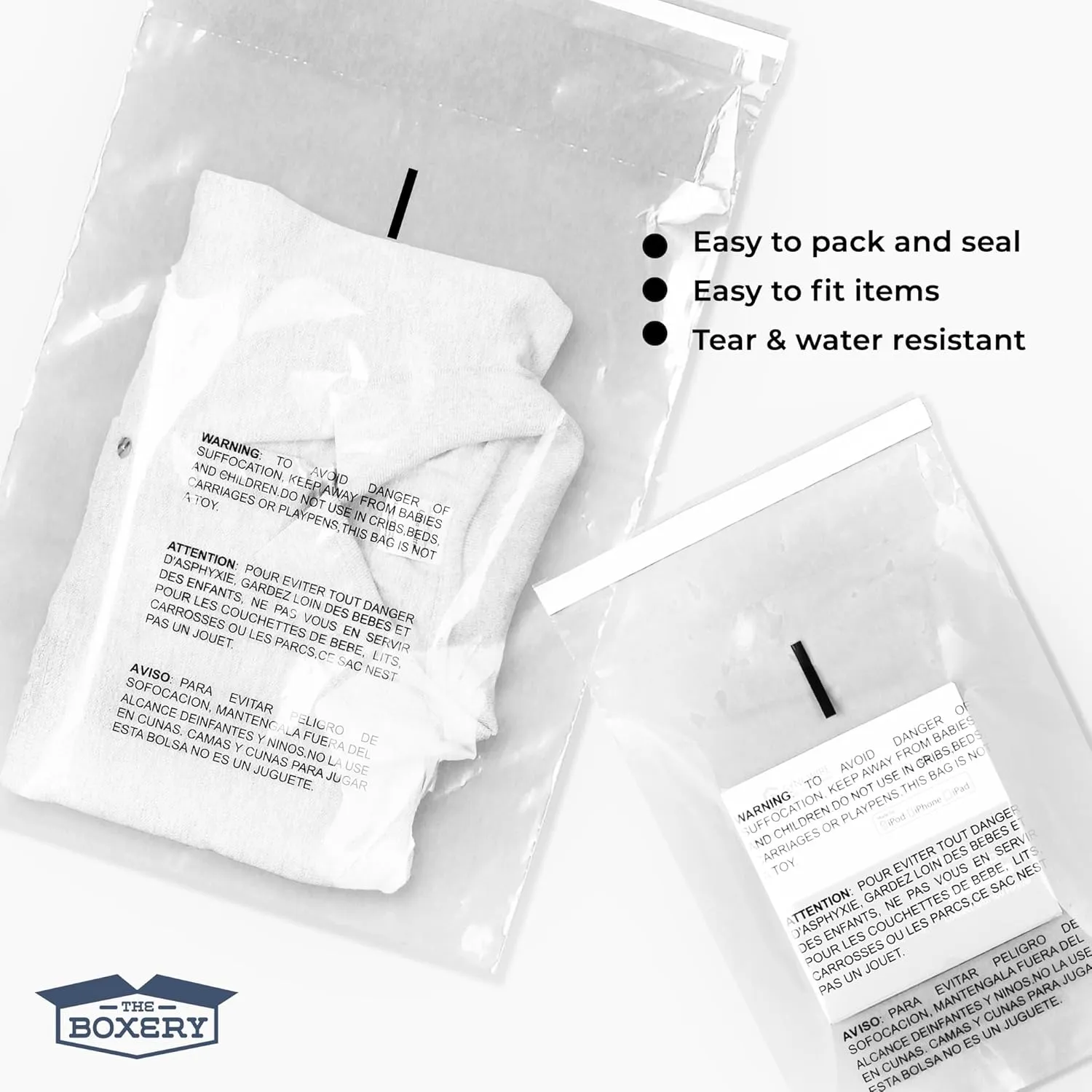 The Boxery 9x12'' Self Seal Clear 1.5Mil Poly Bags with Suffocation Warning for Packaging, Clothing & FBA -Permanent Adhesive - 2,000 Count