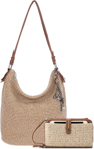The Sak Sequoia Hobo Bag & Iris Large Smartphone Crossbody Bag In Crochet - Handbag Set For Everyday And Travel - Bamboo Bundle