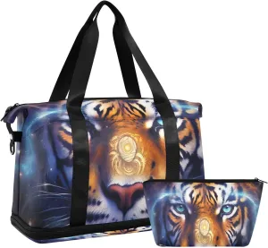 Tiger Cosmic Painting Duffel Bag Lightweight Carry On Gym Bags for Travel and Weekends, Versatile Overnight Bag with Shoe Compartment