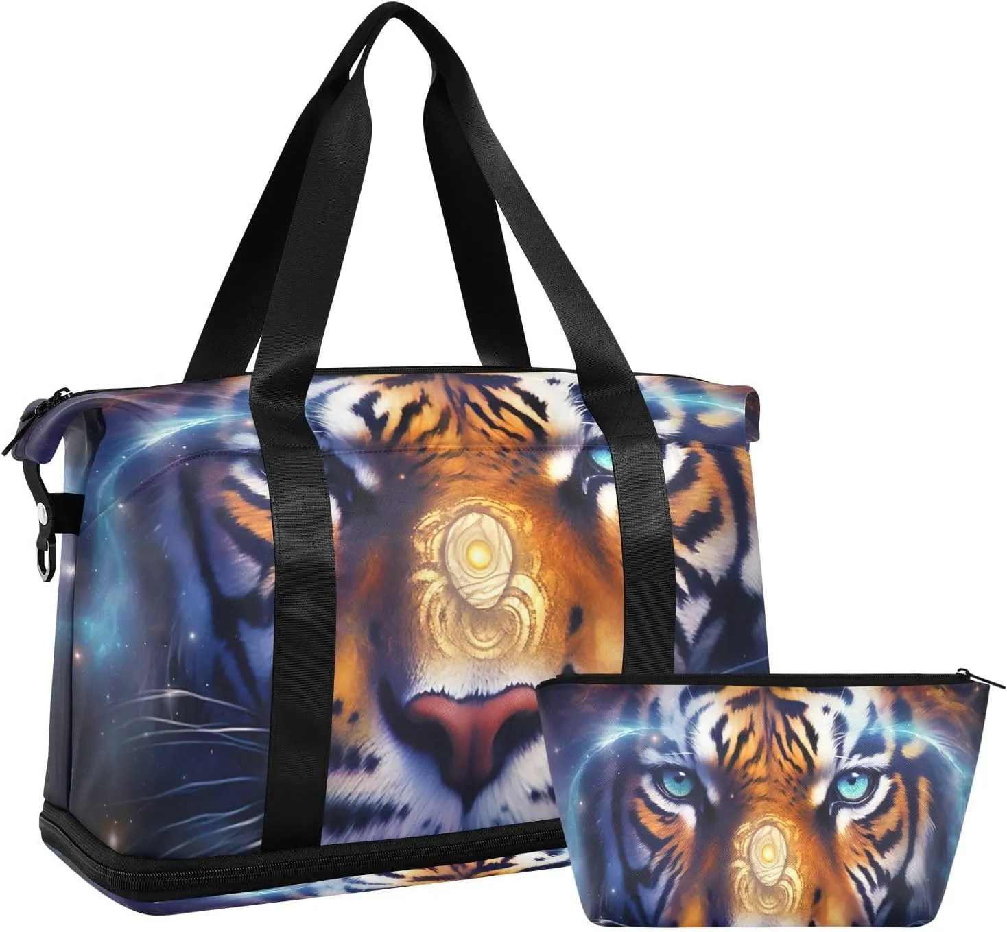 Tiger Cosmic Painting Duffel Bag Lightweight Carry On Gym Bags for Travel and Weekends, Versatile Overnight Bag with Shoe Compartment