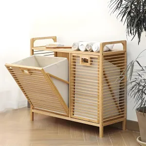 Tilt Out Laundry Hamper with 2 Removable Liner Bags, Tilt Out Laundry Hamper Cabinet, Bamboo Laundry Cabinet for Clothes Towels Toys (2-Door Model)