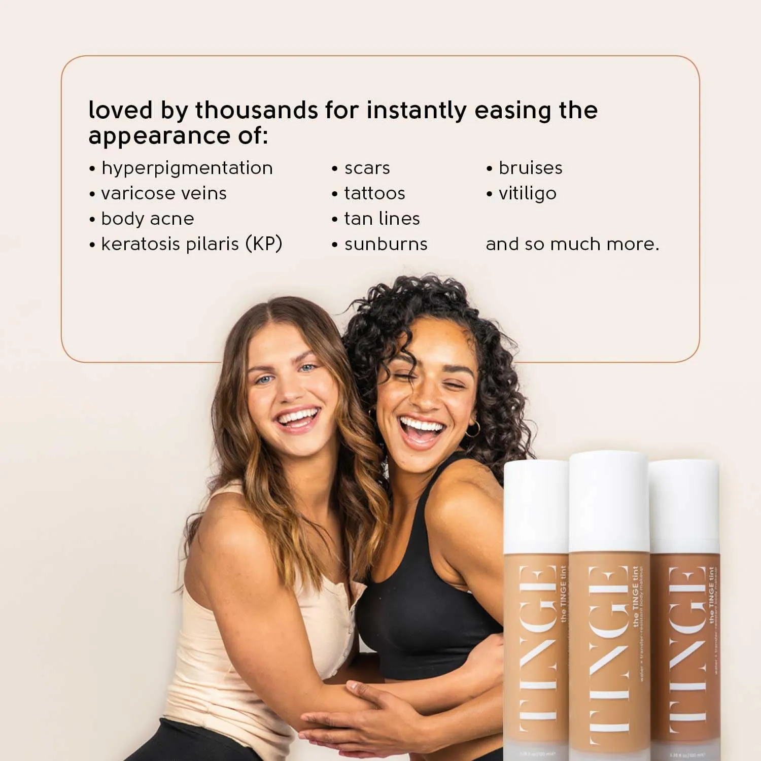 Tinge Tint Body Makeup, Lasts Up to 48 Hours, Medium Coverage Cream With Amino Acids, Hyaluronic Acid & Lysine, Semi Matte Finish, Water & Transfer Resistant, Fragrance Free, 3.38 Fl Oz - Deep Warm
