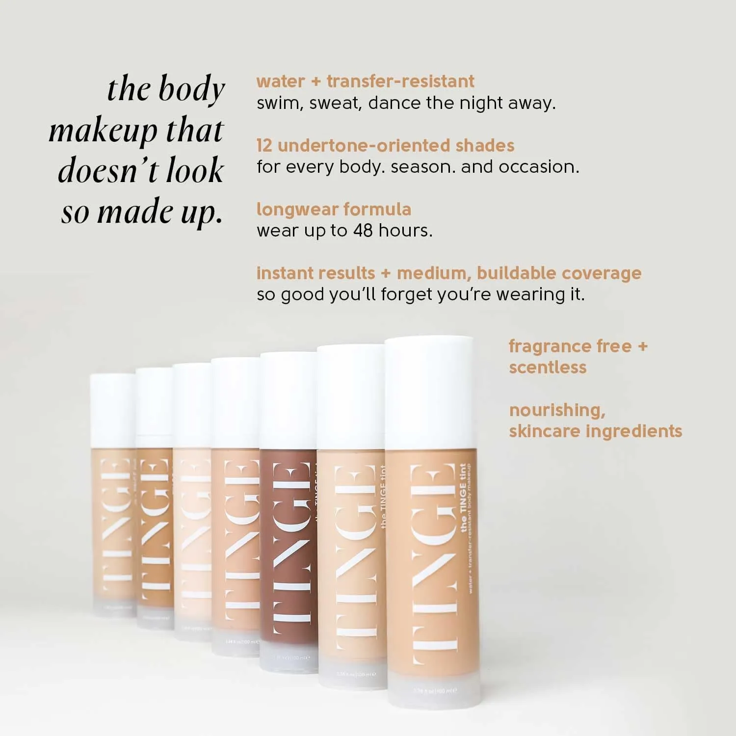 Tinge Tint Body Makeup, Lasts Up to 48 Hours, Medium Coverage Cream With Amino Acids, Hyaluronic Acid & Lysine, Semi Matte Finish, Water & Transfer Resistant, Fragrance Free, 3.38 Fl Oz - Deep Warm