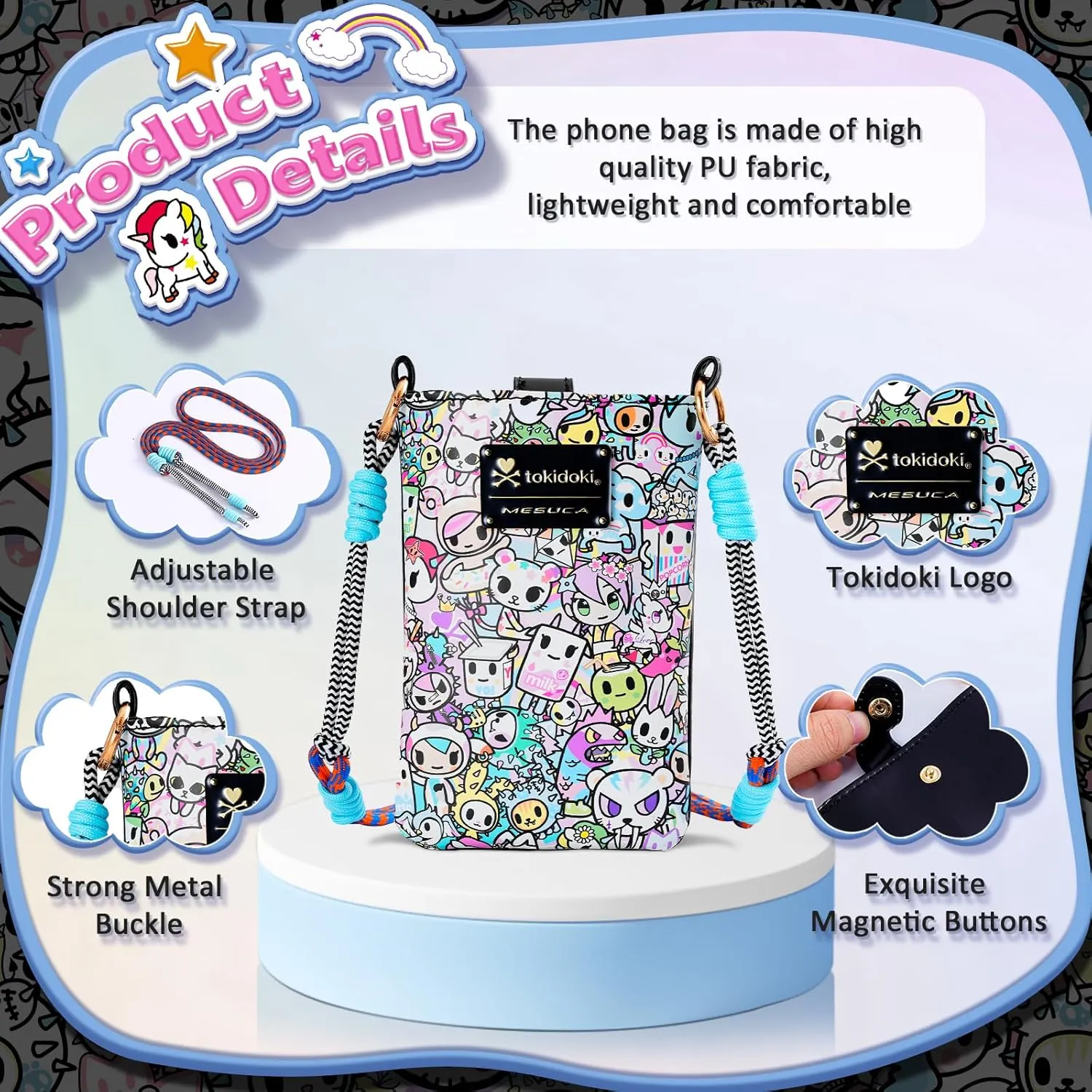 Tokidoki Official Licensed Leather Crossbody Bag with Adjustable Strap Phone Bag Shoulder Bag Coin Purses for Women